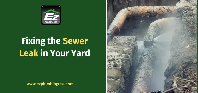 Sewer leak repair in a residential yard showing excavation and pipe work